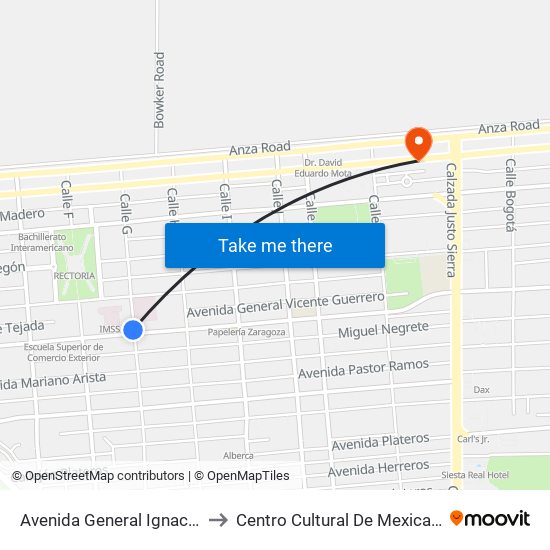 Avenida General Ignacio Zaragoza / Calle G to Centro Cultural De Mexicali, Seminario Diocesano map