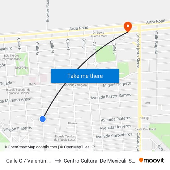 Calle G / Valentín Gómez Farias to Centro Cultural De Mexicali, Seminario Diocesano map