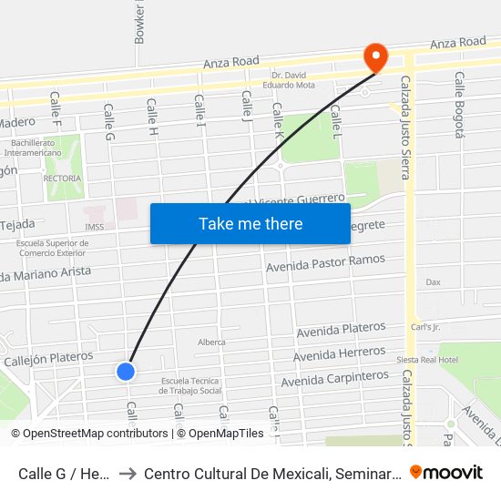 Calle G / Herreros to Centro Cultural De Mexicali, Seminario Diocesano map