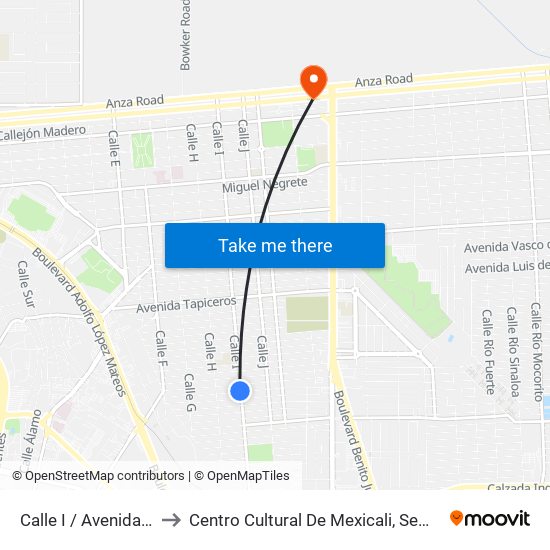 Calle I / Avenida Relojeros to Centro Cultural De Mexicali, Seminario Diocesano map