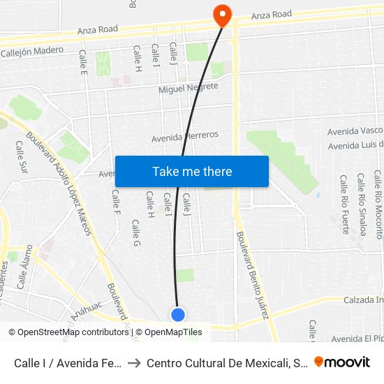 Calle I / Avenida Felipe Pescador to Centro Cultural De Mexicali, Seminario Diocesano map