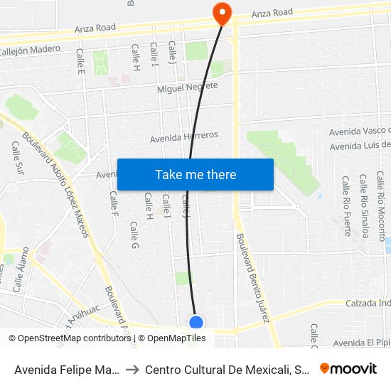 Avenida Felipe Martell / Calle J to Centro Cultural De Mexicali, Seminario Diocesano map