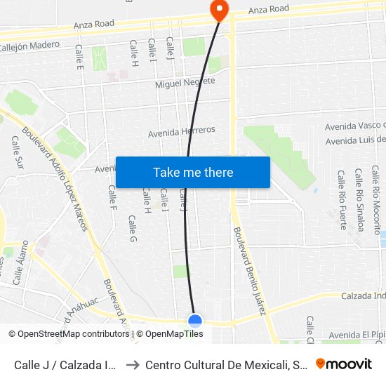 Calle J / Calzada Independencia to Centro Cultural De Mexicali, Seminario Diocesano map