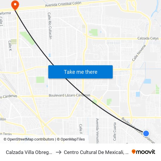 Calzada Villa Obregón / Villa Cortés to Centro Cultural De Mexicali, Seminario Diocesano map