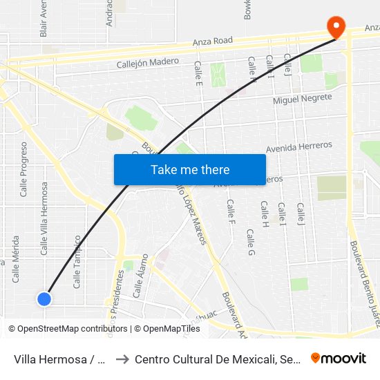 Villa Hermosa / Nuevo León to Centro Cultural De Mexicali, Seminario Diocesano map