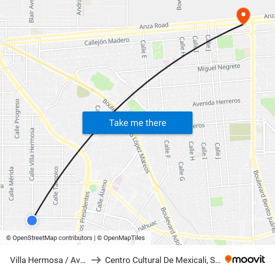 Villa Hermosa / Avenida Tlaxcala to Centro Cultural De Mexicali, Seminario Diocesano map