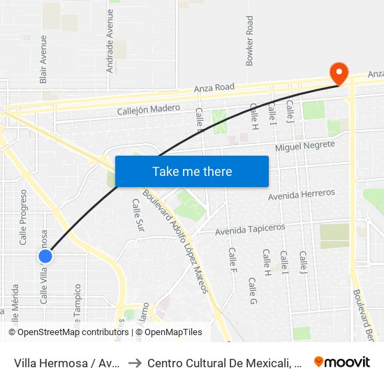 Villa Hermosa / Avenida Tabasco to Centro Cultural De Mexicali, Seminario Diocesano map