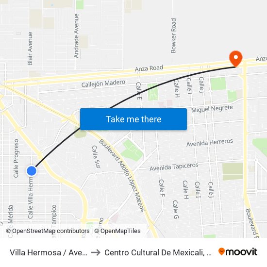 Villa Hermosa / Avenida Querétaro to Centro Cultural De Mexicali, Seminario Diocesano map