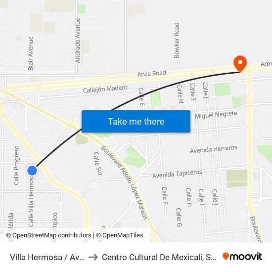 Villa Hermosa / Avenida Puebla to Centro Cultural De Mexicali, Seminario Diocesano map