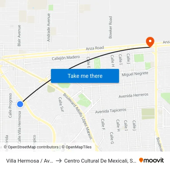 Villa Hermosa / Avenida Oaxaca to Centro Cultural De Mexicali, Seminario Diocesano map