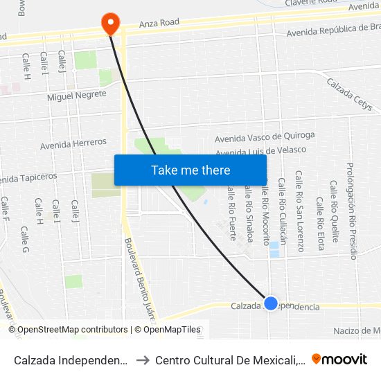 Calzada Independencia / Río Mocorito to Centro Cultural De Mexicali, Seminario Diocesano map