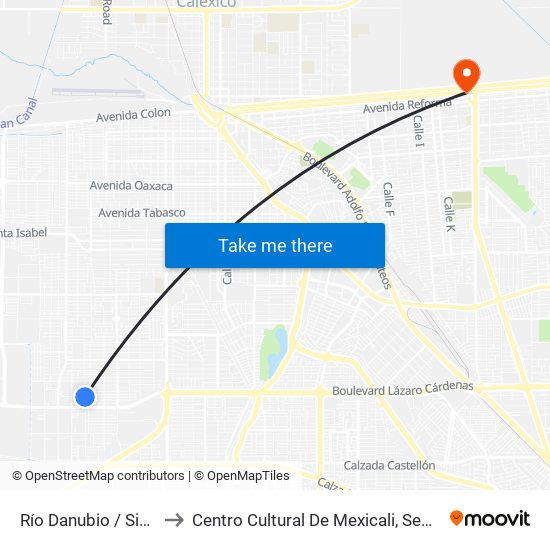 Río Danubio / Sierra Bonita to Centro Cultural De Mexicali, Seminario Diocesano map