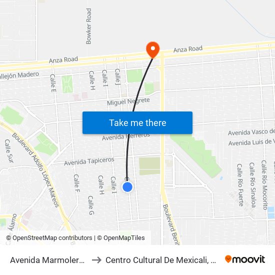 Avenida Marmoleros Sur / Calle J to Centro Cultural De Mexicali, Seminario Diocesano map