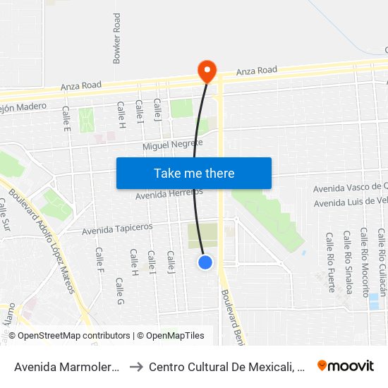 Avenida Marmoleros Sur / Calle L to Centro Cultural De Mexicali, Seminario Diocesano map