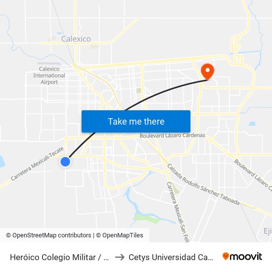 Heróico Colegio Militar / Tomás Pantoja to Cetys Universidad Campus Mexicali map