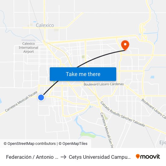 Federación / Antonio Medina to Cetys Universidad Campus Mexicali map