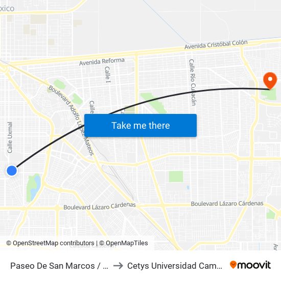 Paseo De San Marcos / De La Lluvia to Cetys Universidad Campus Mexicali map