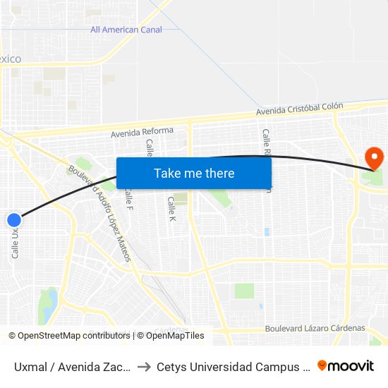 Uxmal / Avenida Zacatecas to Cetys Universidad Campus Mexicali map