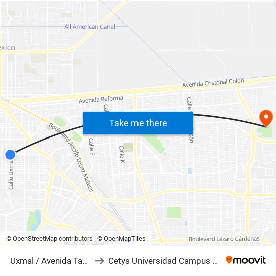 Uxmal / Avenida Tabasco to Cetys Universidad Campus Mexicali map