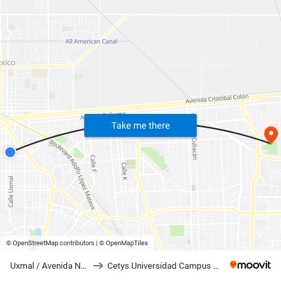 Uxmal / Avenida Nayarit to Cetys Universidad Campus Mexicali map