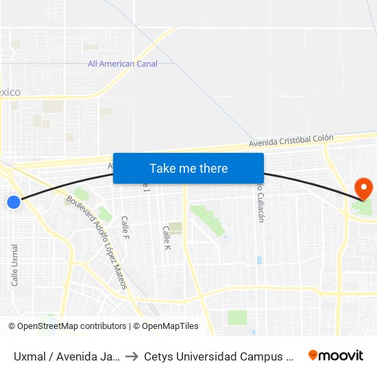 Uxmal / Avenida Jalisco to Cetys Universidad Campus Mexicali map