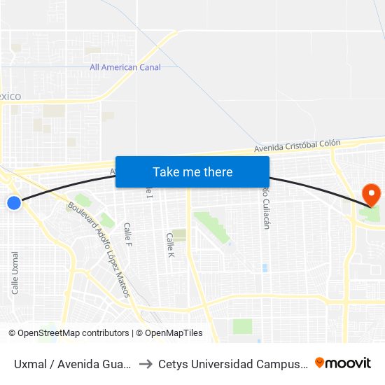 Uxmal / Avenida Guanajuato to Cetys Universidad Campus Mexicali map