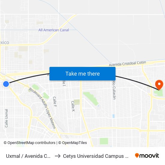 Uxmal / Avenida Colima to Cetys Universidad Campus Mexicali map