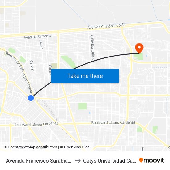 Avenida Francisco Sarabia / Apóstol Central to Cetys Universidad Campus Mexicali map