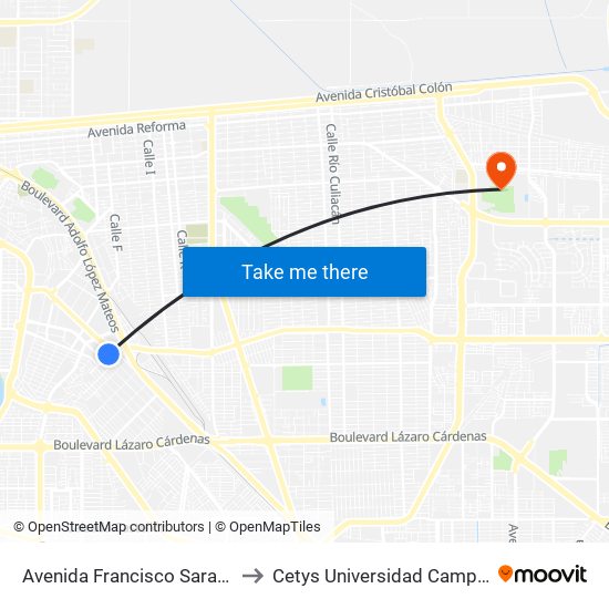 Avenida Francisco Sarabia / Calera to Cetys Universidad Campus Mexicali map