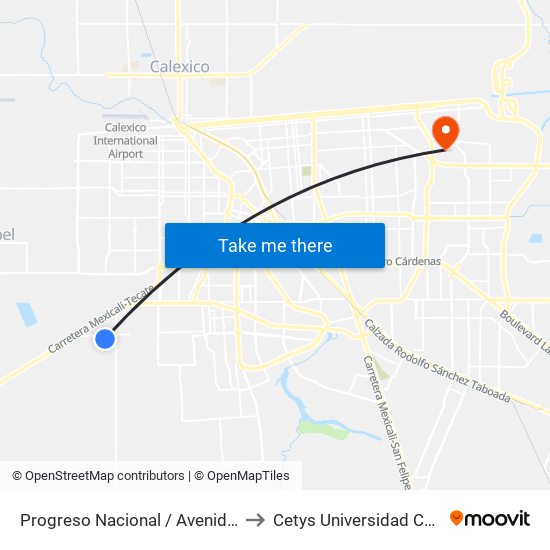 Progreso Nacional / Avenida Lázaro Cárdenas to Cetys Universidad Campus Mexicali map