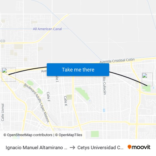 Ignacio Manuel Altamirano / Avenida Reforma to Cetys Universidad Campus Mexicali map