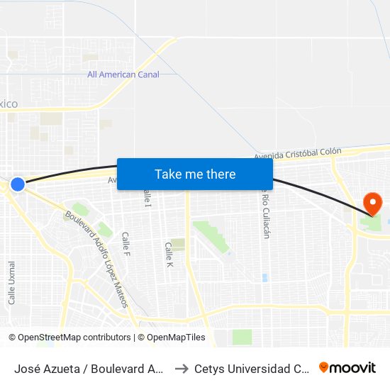 José Azueta / Boulevard Adolfo López Mateos to Cetys Universidad Campus Mexicali map