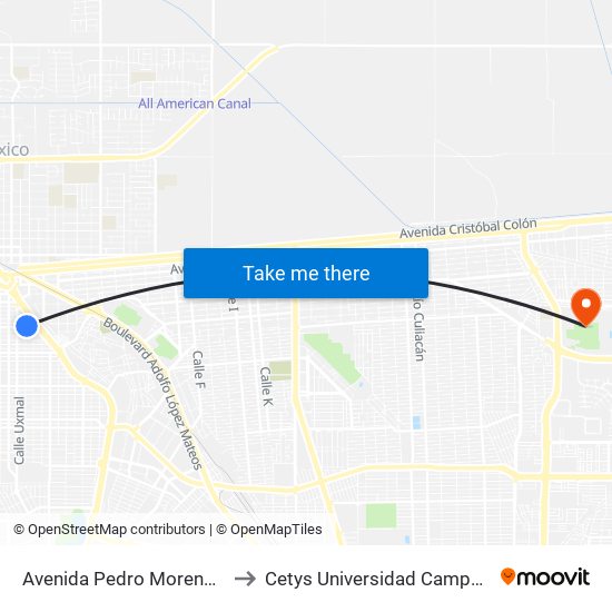 Avenida Pedro Moreno / Mérida to Cetys Universidad Campus Mexicali map