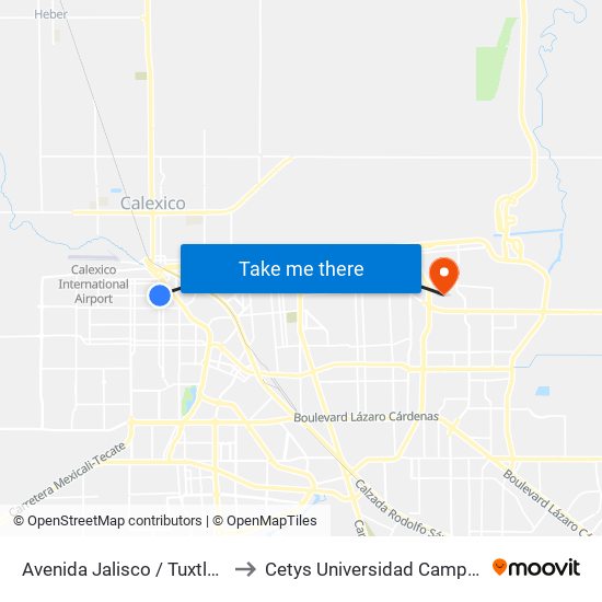 Avenida Jalisco / Tuxtla Gutiérrez to Cetys Universidad Campus Mexicali map
