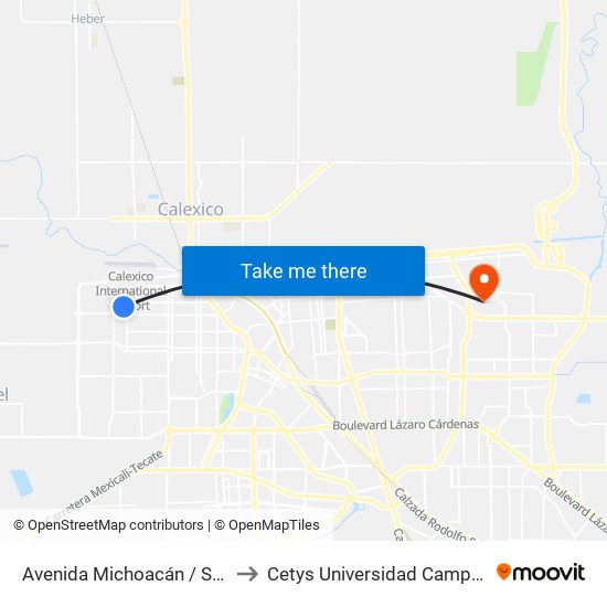 Avenida Michoacán / Santa María to Cetys Universidad Campus Mexicali map