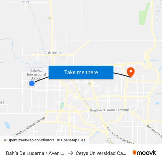 Bahía De Lucerna / Avenida San Ramón to Cetys Universidad Campus Mexicali map