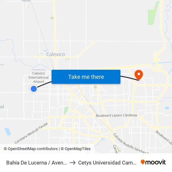 Bahía De Lucerna / Avenida Tabasco to Cetys Universidad Campus Mexicali map