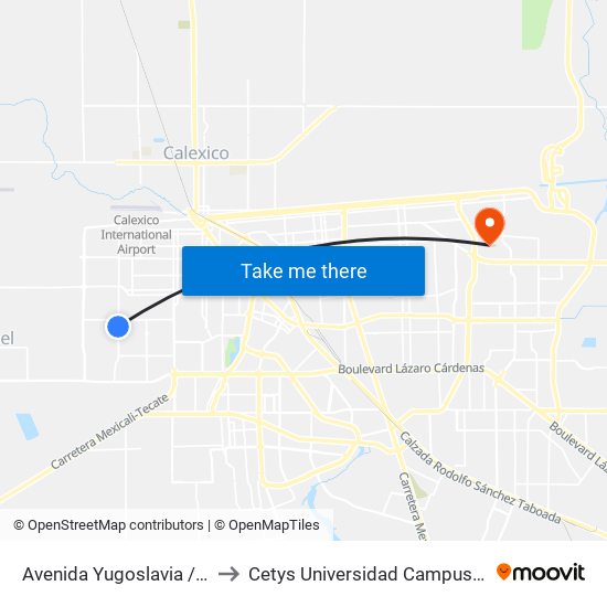 Avenida Yugoslavia / Grecia to Cetys Universidad Campus Mexicali map