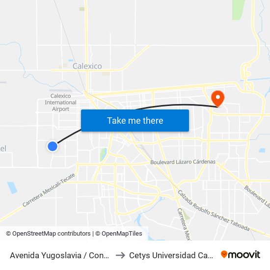 Avenida Yugoslavia / Continente Europeo to Cetys Universidad Campus Mexicali map