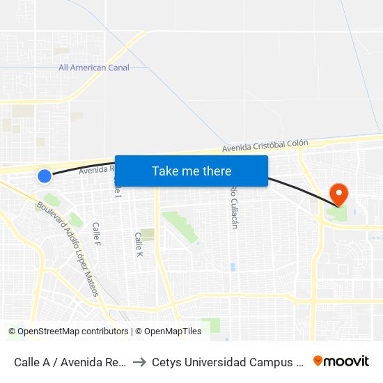 Calle A / Avenida Reforma to Cetys Universidad Campus Mexicali map
