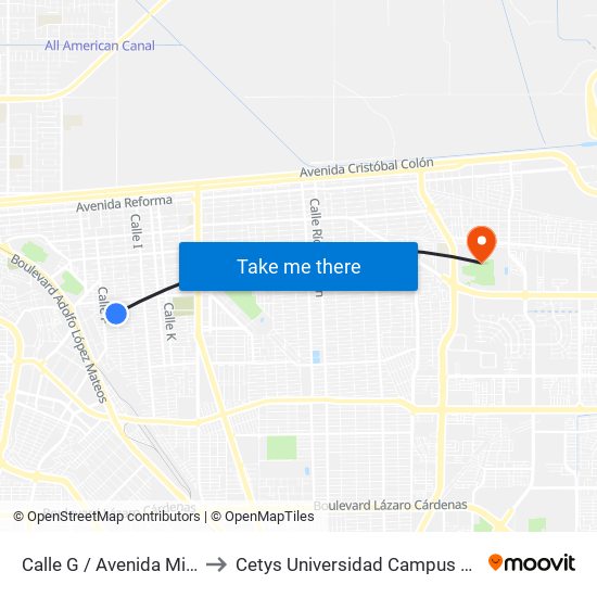 Calle G / Avenida Mineros to Cetys Universidad Campus Mexicali map