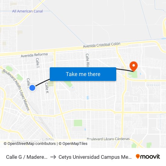 Calle G / Madereros to Cetys Universidad Campus Mexicali map