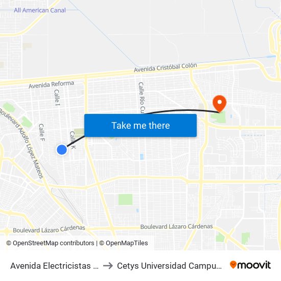 Avenida Electricistas / Calle I to Cetys Universidad Campus Mexicali map