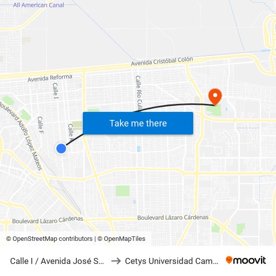 Calle I / Avenida José Sánchez Islas to Cetys Universidad Campus Mexicali map