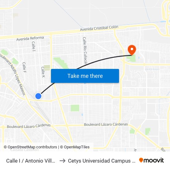 Calle I / Antonio Villanueva to Cetys Universidad Campus Mexicali map
