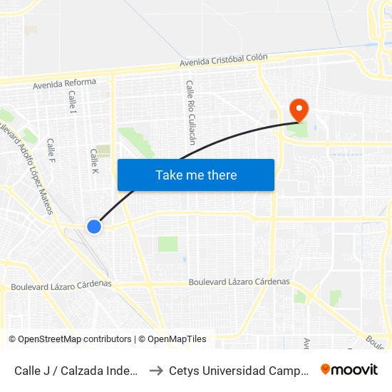 Calle J / Calzada Independencia to Cetys Universidad Campus Mexicali map