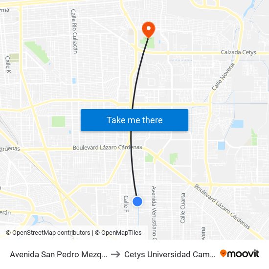 Avenida San Pedro Mezquital / Calle J to Cetys Universidad Campus Mexicali map