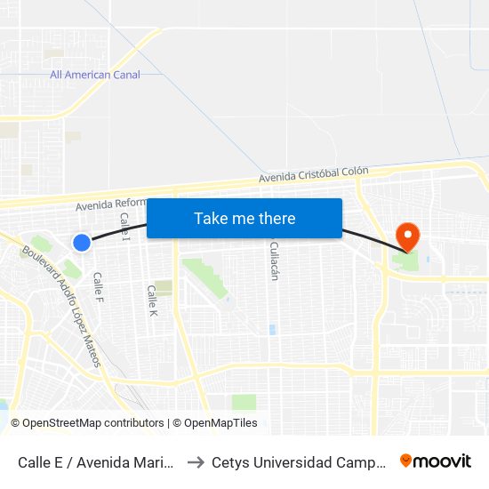 Calle E / Avenida Mariano Arista to Cetys Universidad Campus Mexicali map