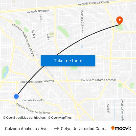 Calzada Anáhuac / Avenida Gerona to Cetys Universidad Campus Mexicali map