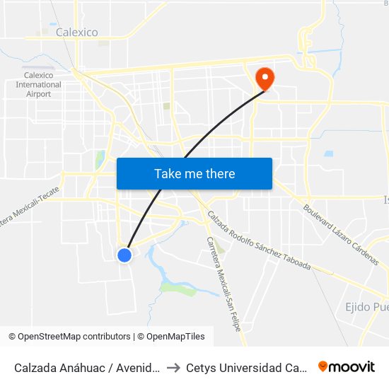 Calzada Anáhuac / Avenida Montecastelo to Cetys Universidad Campus Mexicali map